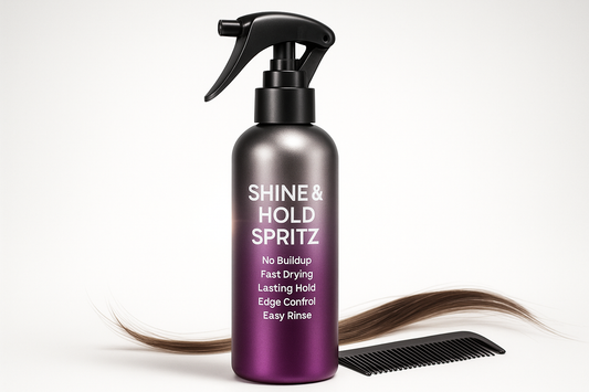 A shine and holding spritz spray product that Rinses out easily
No Product buildup
Dries fast
Lasting Hold w/ shine
Freezes edges